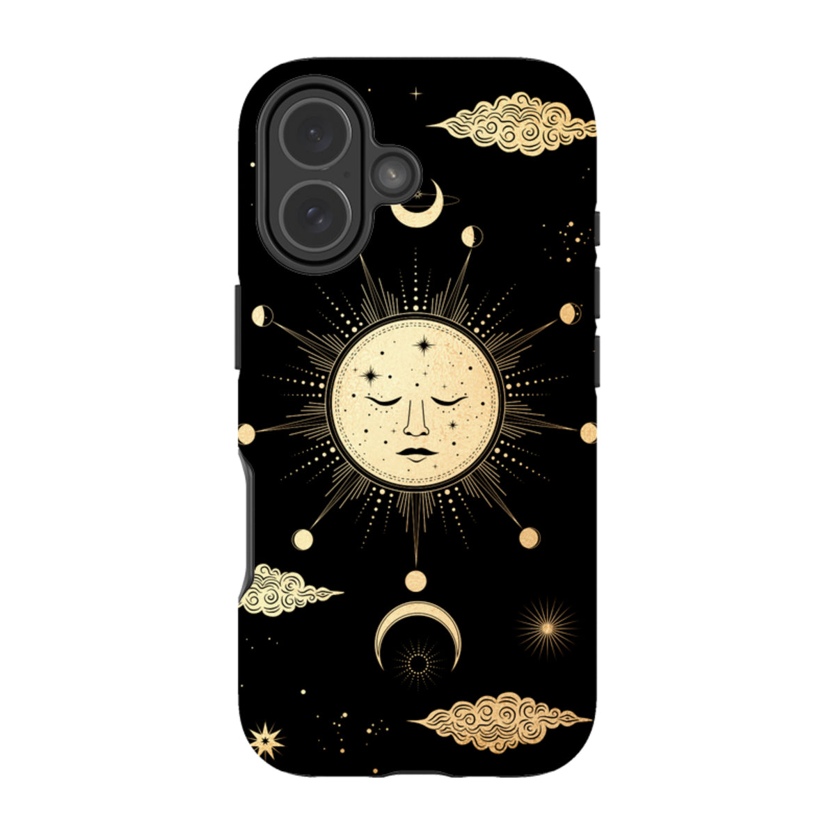 Dual-layer iPhone tough case featuring a celestial gold sun and moon design on a black background.