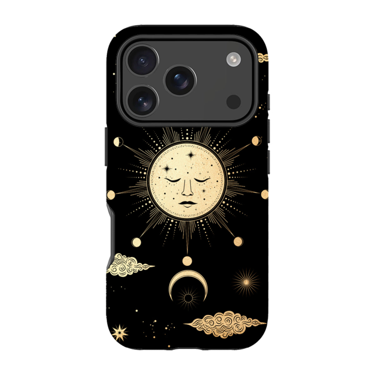Dual-layer iPhone tough case featuring a gold celestial sun and moon design on a black background with protective raised edges.