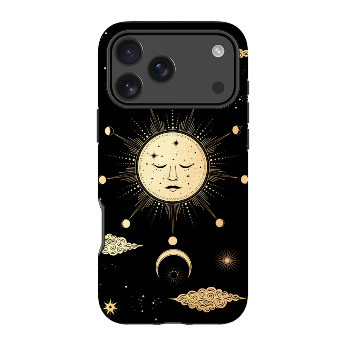 Dual-layer iPhone tough case featuring a gold celestial sun and moon design on a black background.