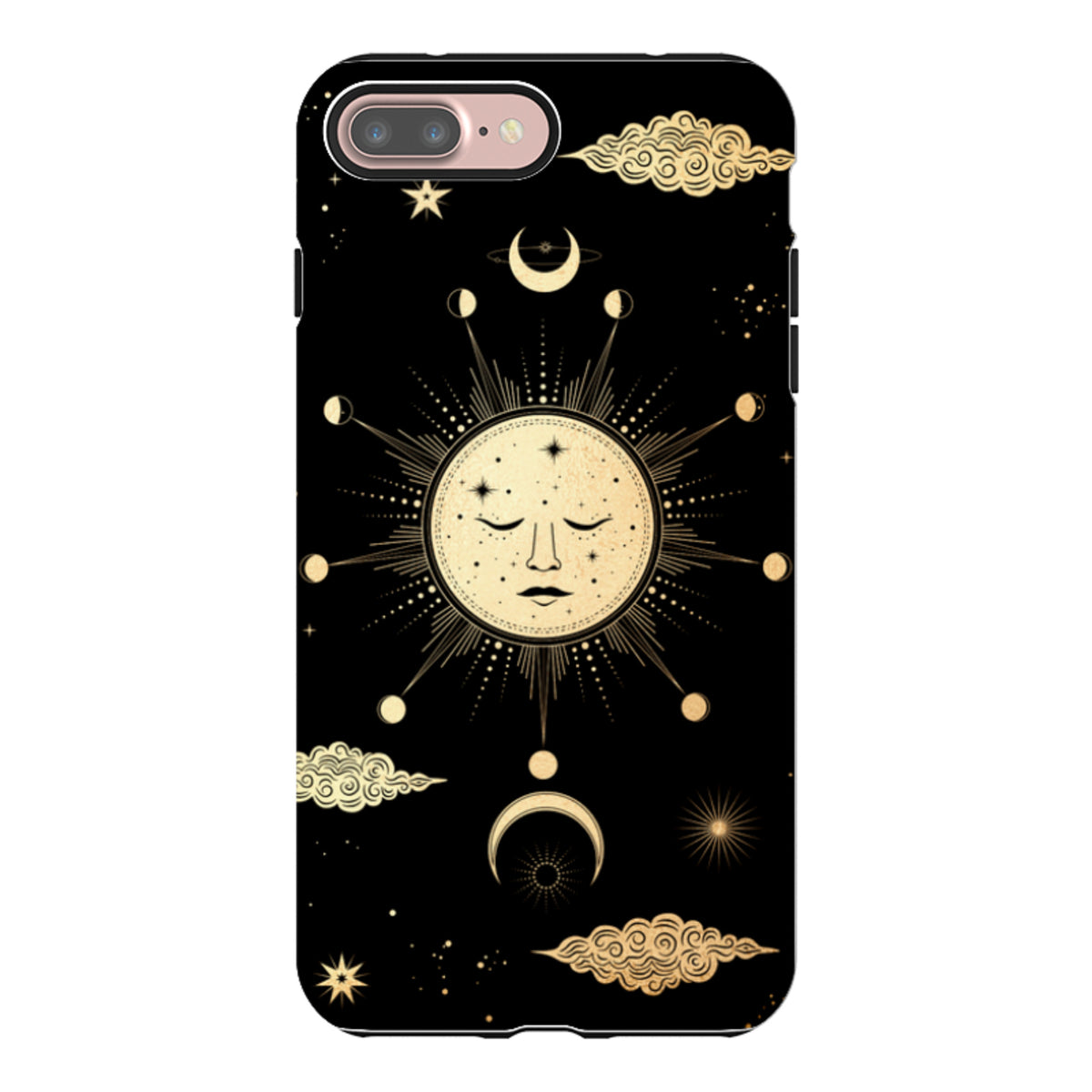 Black iPhone tough case featuring a gold celestial sun and moon design with stars and clouds on a durable dual-layer shell.