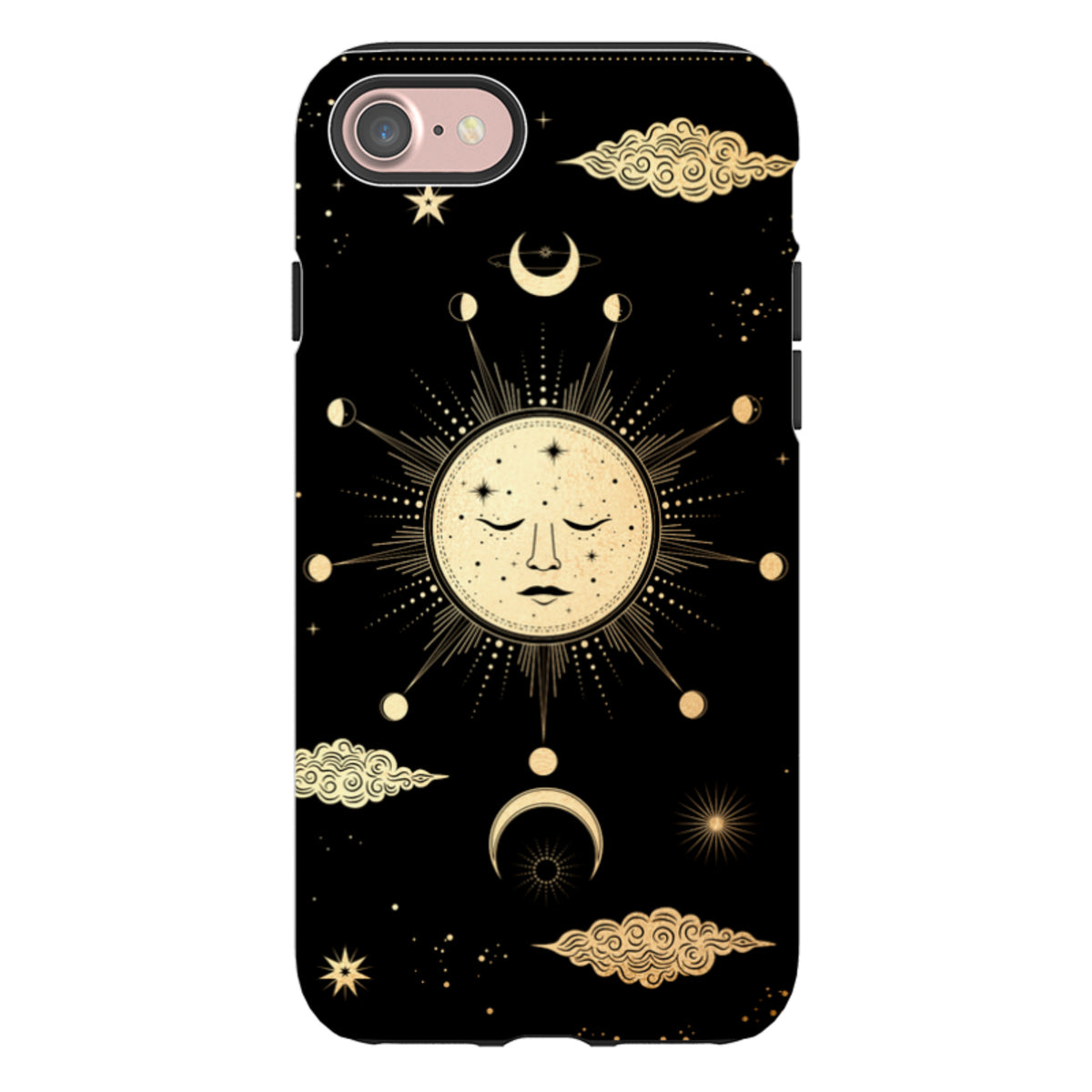 Dual-layer iPhone tough case featuring a celestial gold sun and moon design on a sleek black background.
