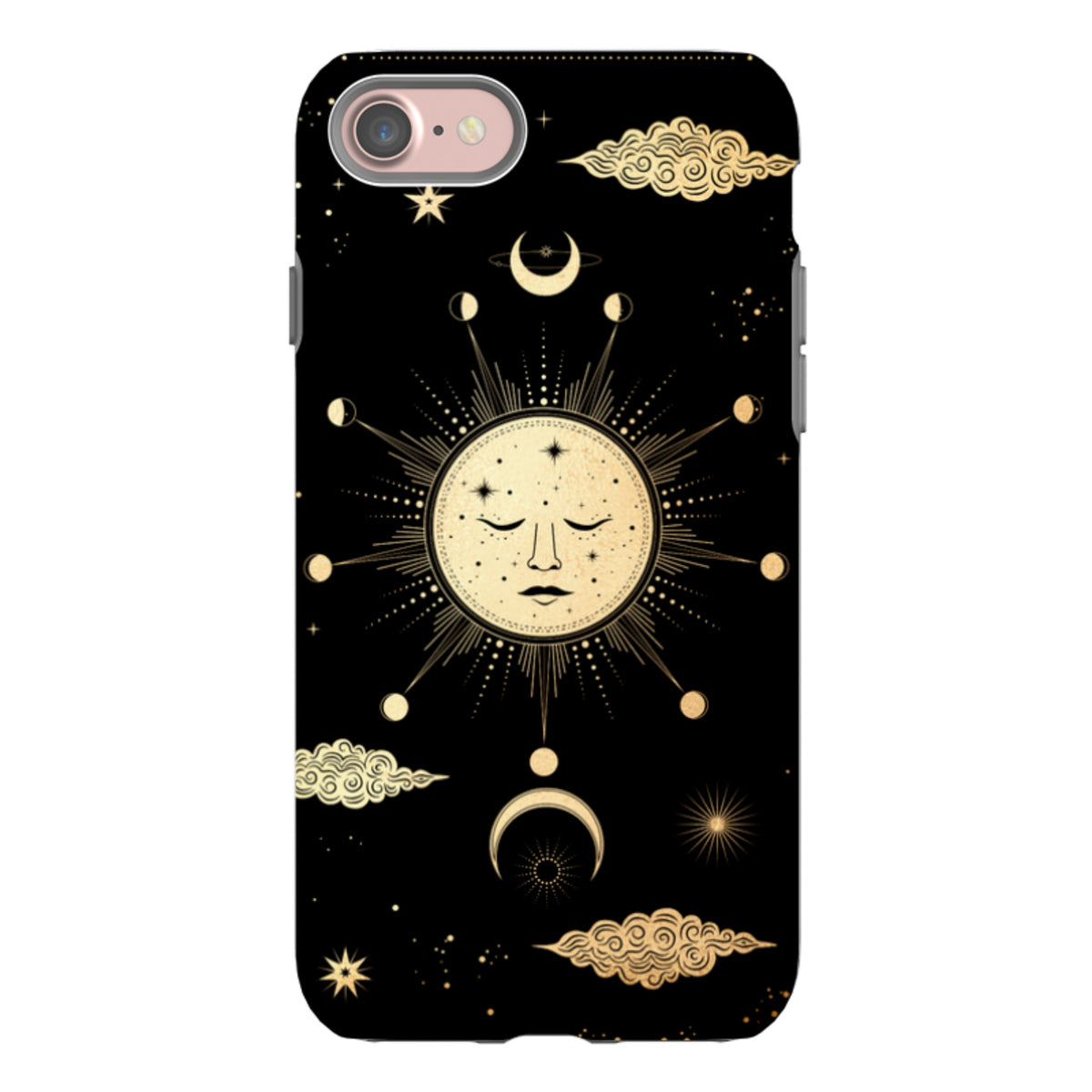 iPhone tough case featuring a gold celestial sun and moon design on a black background with protective dual-layer construction.
