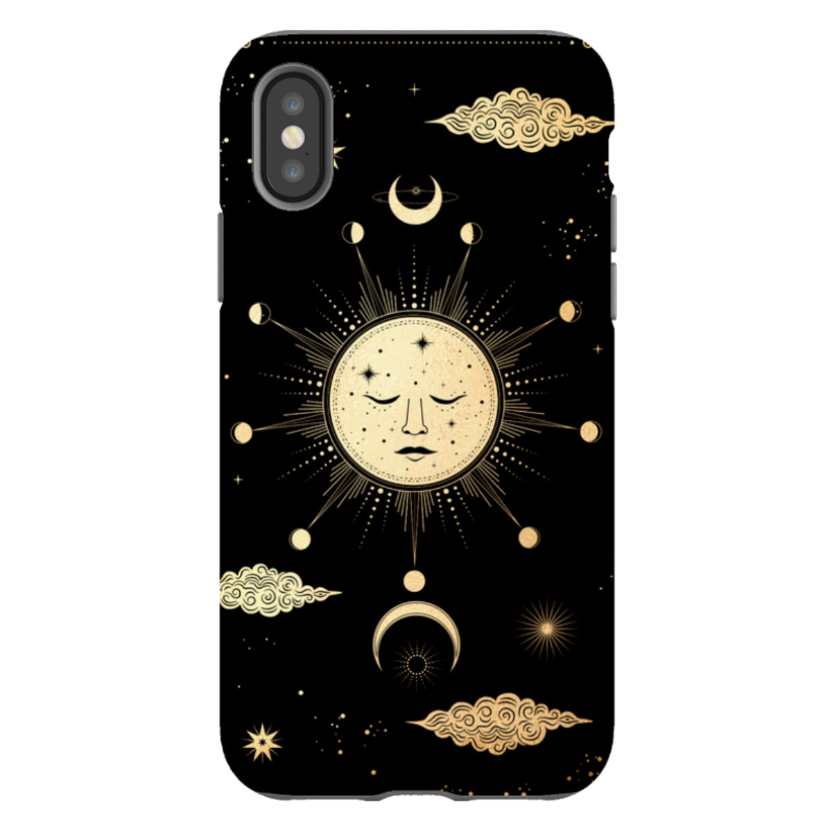 Dual-layer iPhone tough case featuring a gold celestial sun and moon design on a black background.