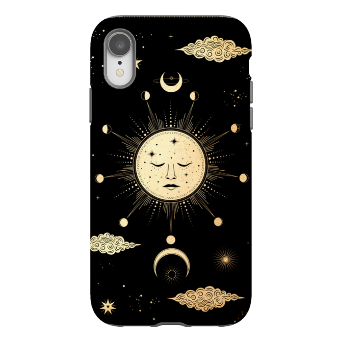 Dual-layer iPhone tough case featuring a celestial sun and moon design with gold illustrations on a black background.