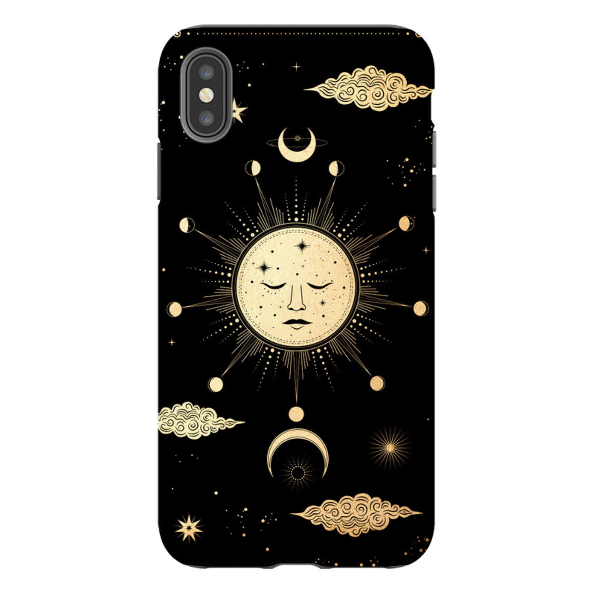 iPhone tough case with a celestial gold sun and moon design on a black background, featuring dual-layer protection.