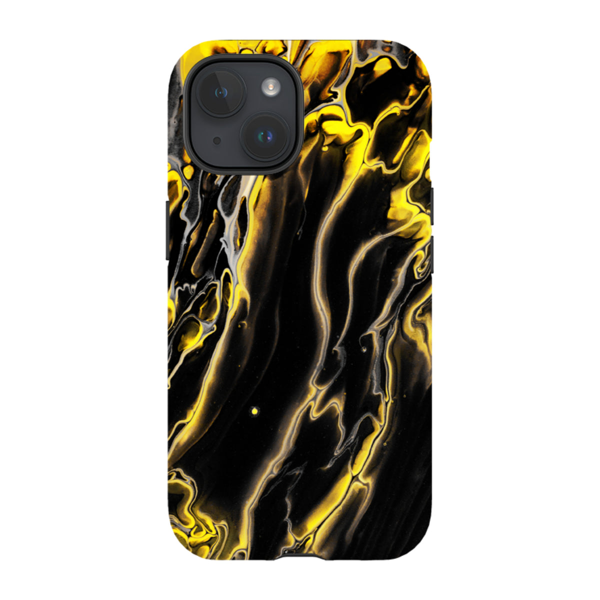 iPhone tough case with a black and yellow marbled fluid art design, featuring a durable dual-layer protective shell.