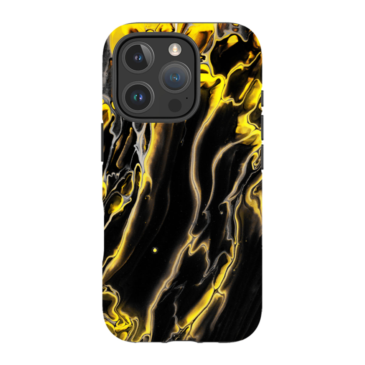 iPhone tough case featuring a black and yellow marbled fluid art design with a durable dual-layer protective shell.