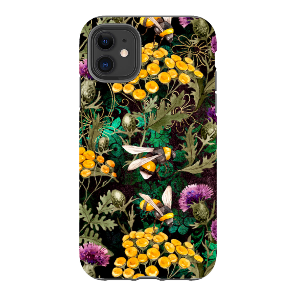 iPhone tough case featuring a dark botanical pattern with yellow flowers, purple thistles, and bumblebees.