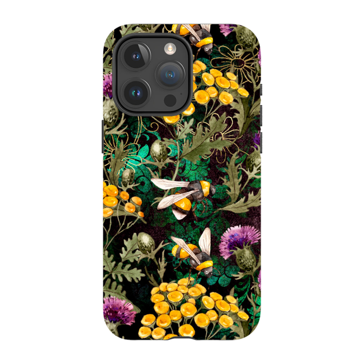 iPhone Tough Case featuring a dark floral pattern with bumblebees, yellow flowers, and purple thistles on a durable shell.