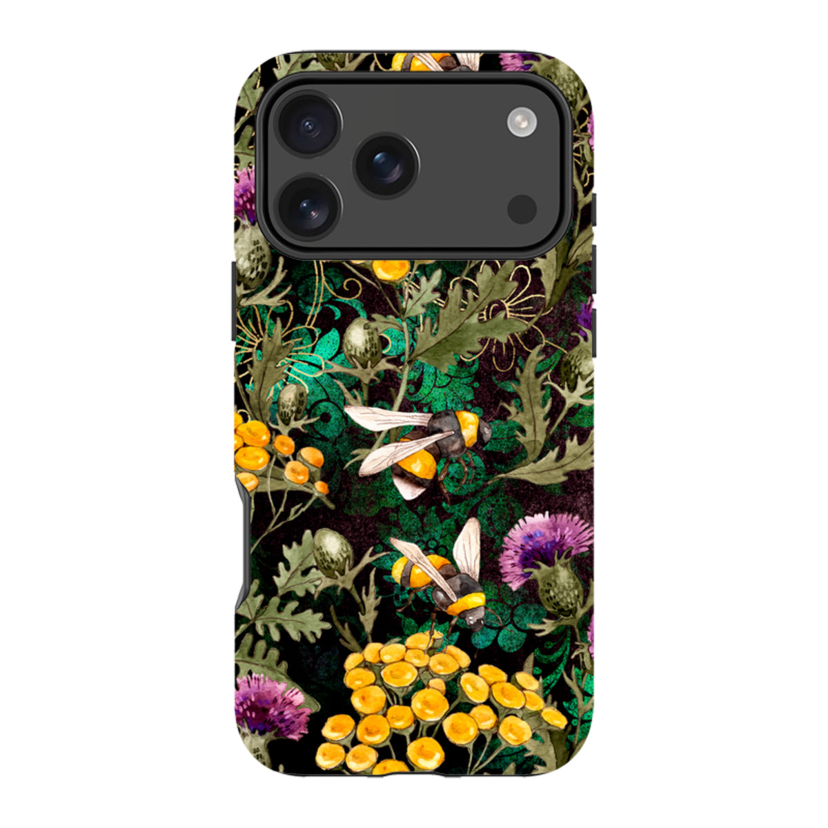 Dual-layer iPhone tough case featuring a botanical print of bees, yellow flowers, and purple thistles on a dark background.