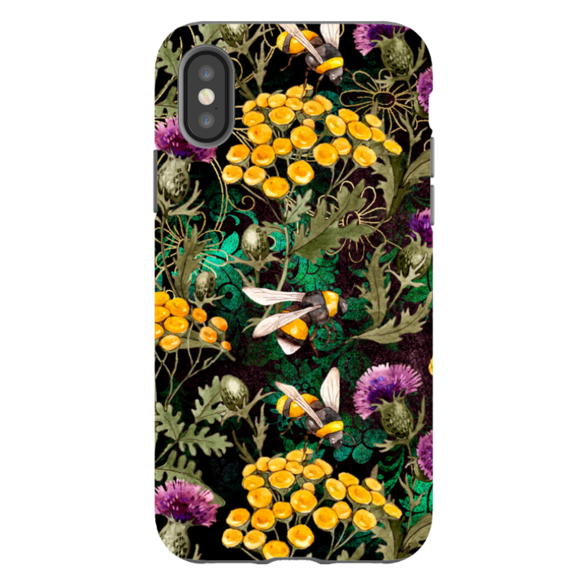 iPhone Tough Case featuring a dark floral pattern with yellow flowers, purple thistles, and bees on a black background.