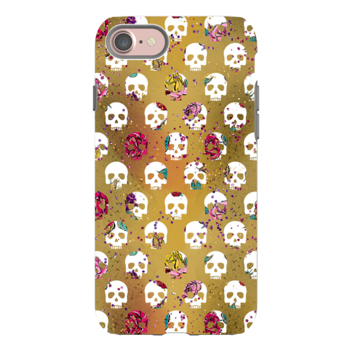 iPhone tough case featuring a gold background with a repeating white skull pattern and colorful floral accents.