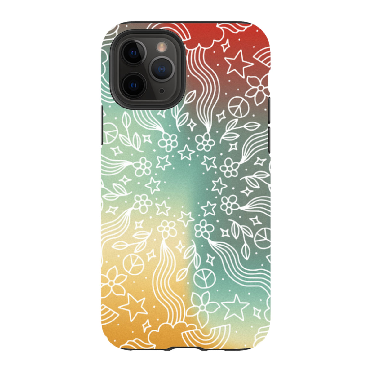 Dual-layer iPhone case with a colorful gradient background and white line-art mandala pattern featuring stars and flowers.