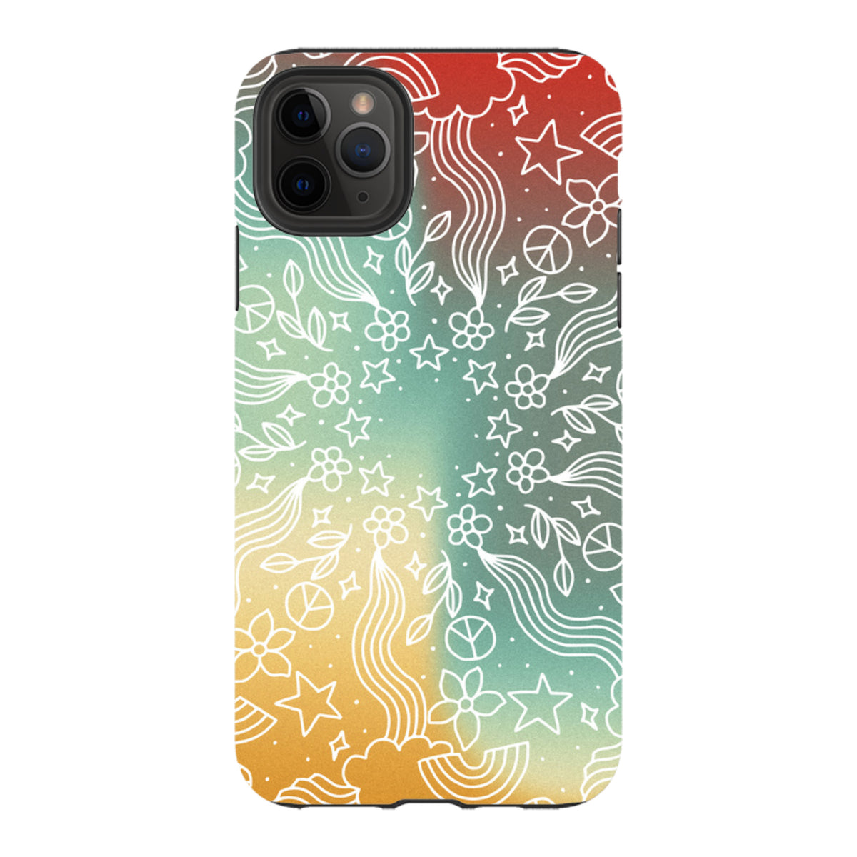 iPhone tough case with a white mandala, flower, and star line art pattern over a vibrant red, green, and yellow gradient.