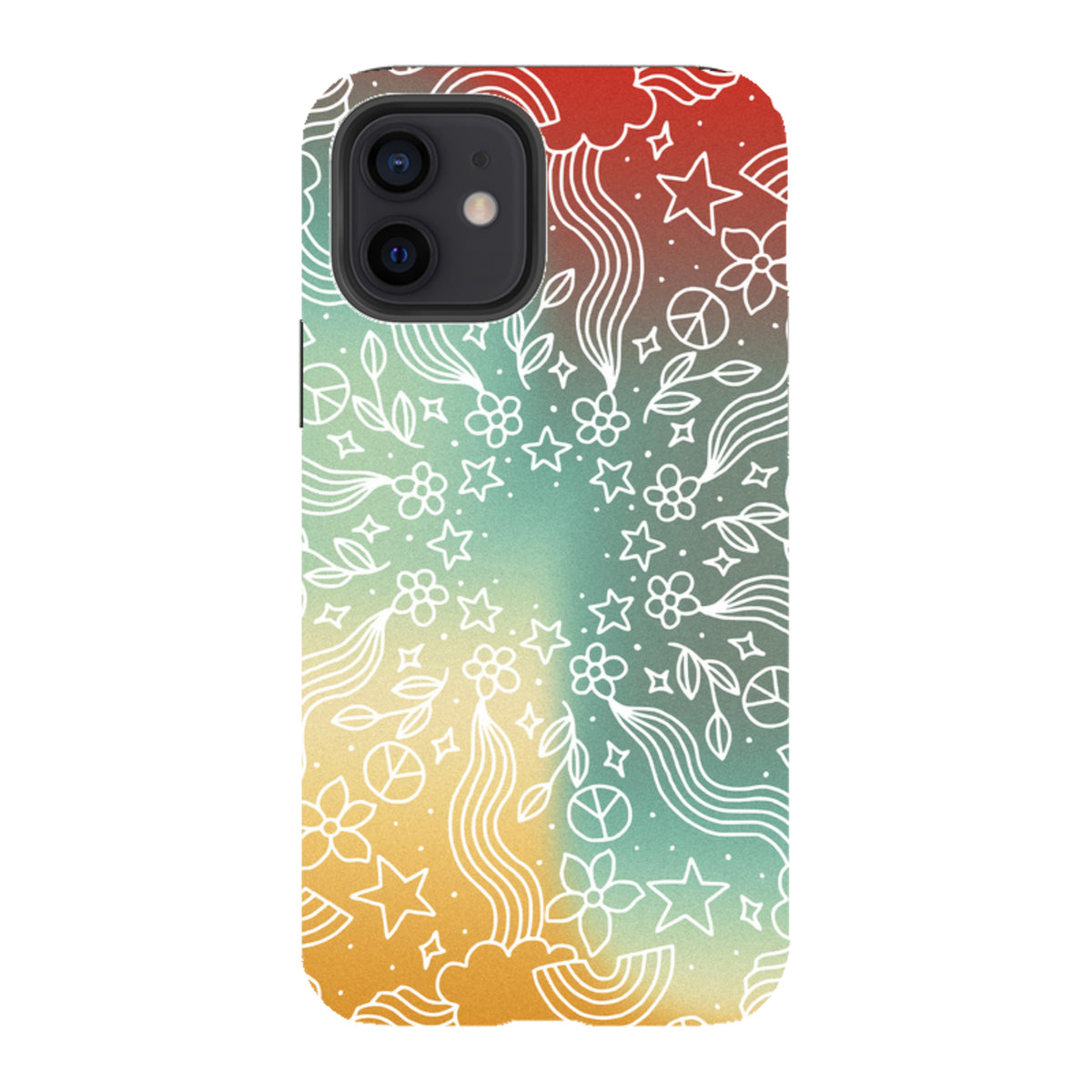 iPhone tough case featuring a white mandala design with stars and flowers over a vibrant, multi-colored galaxy gradient.