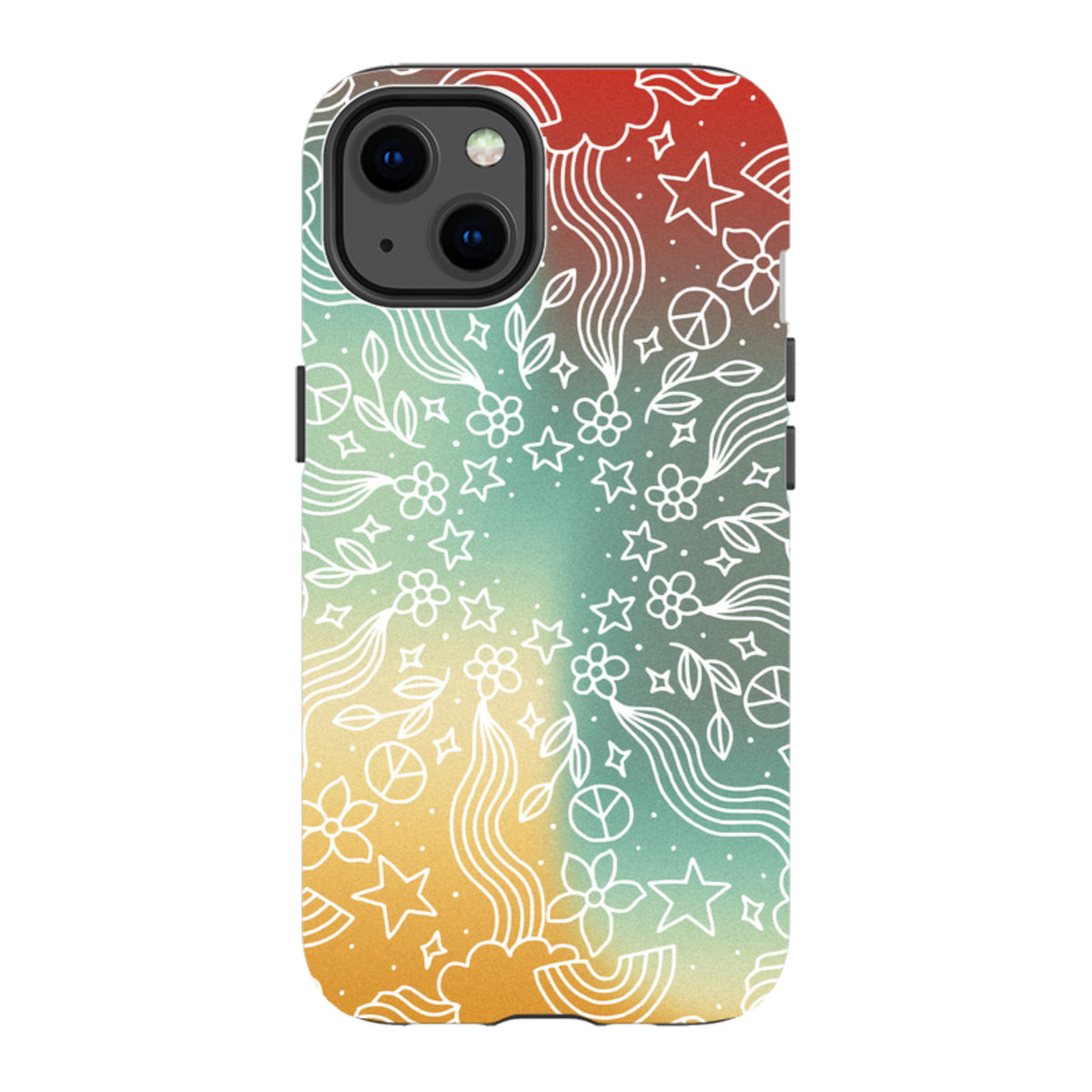 iPhone tough case with a colorful gradient background and white line art mandala featuring stars, flowers, and peace signs.