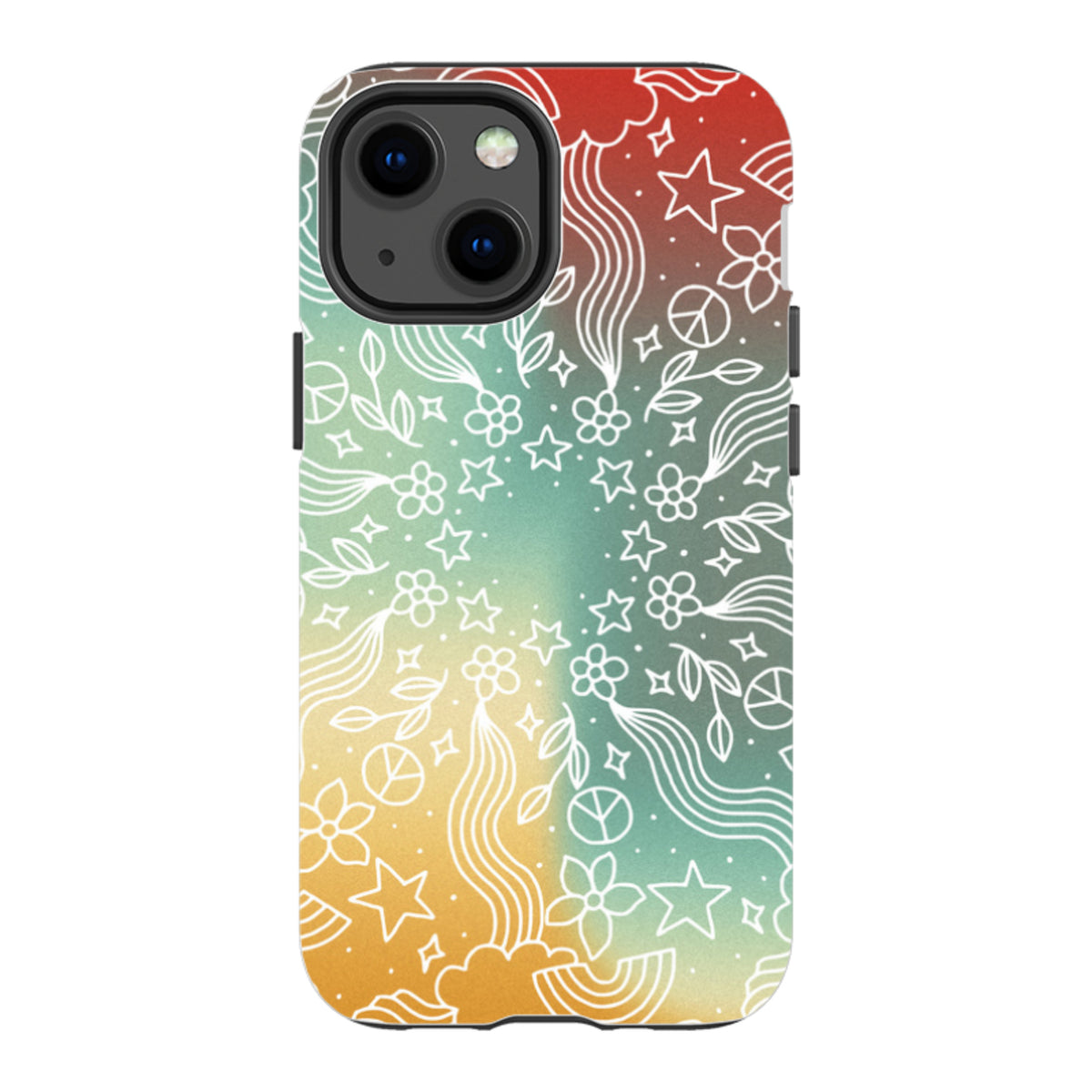 Dual-layer iPhone case with a colorful galaxy gradient and white mandala-style floral and star line art.