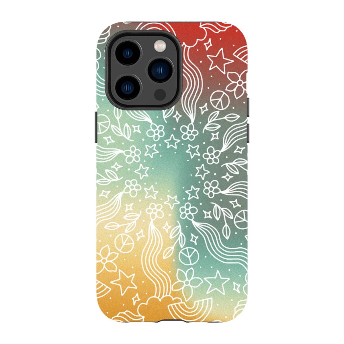 iPhone tough case featuring a white mandala line art design over a vibrant red, teal, and yellow gradient background.