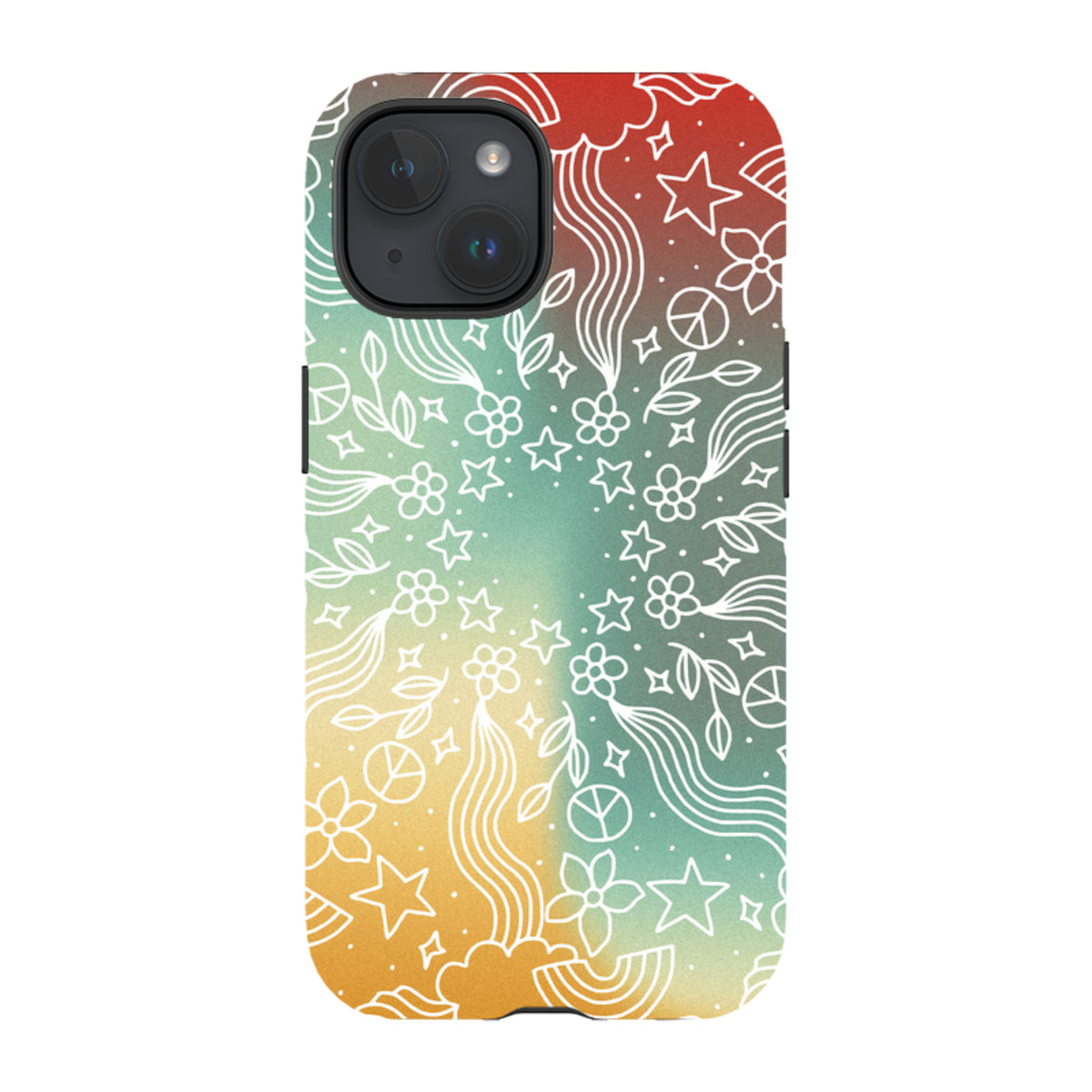 iPhone Tough Case with a colorful gradient background featuring white line art of flowers, stars, and peace signs.