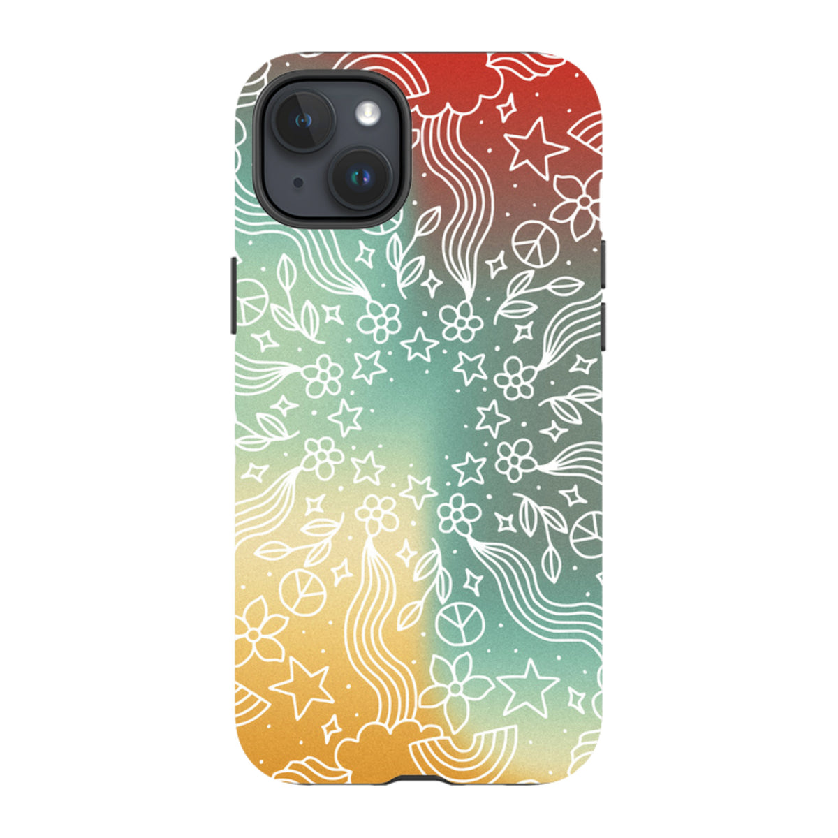 iPhone tough case with a colorful gradient background and white line art mandala featuring stars, flowers, and peace signs.