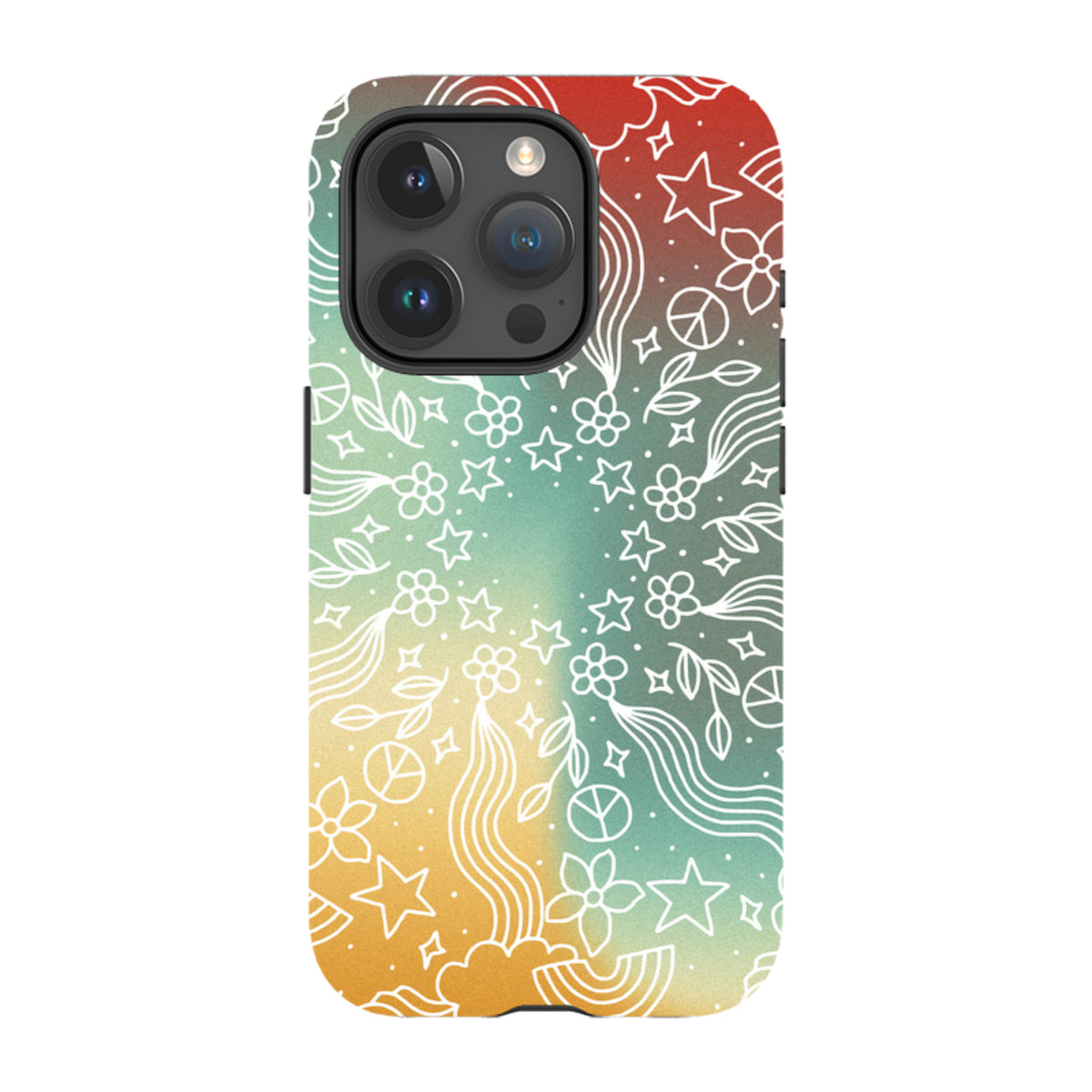 Dual-layer iPhone case with a colorful gradient background and white line-art mandala pattern of flowers and stars.