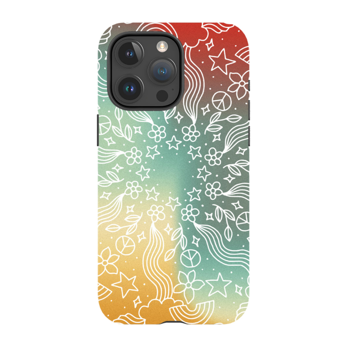 iPhone tough case with a colorful gradient background and white line-art mandala pattern featuring stars, flowers, and peace signs.