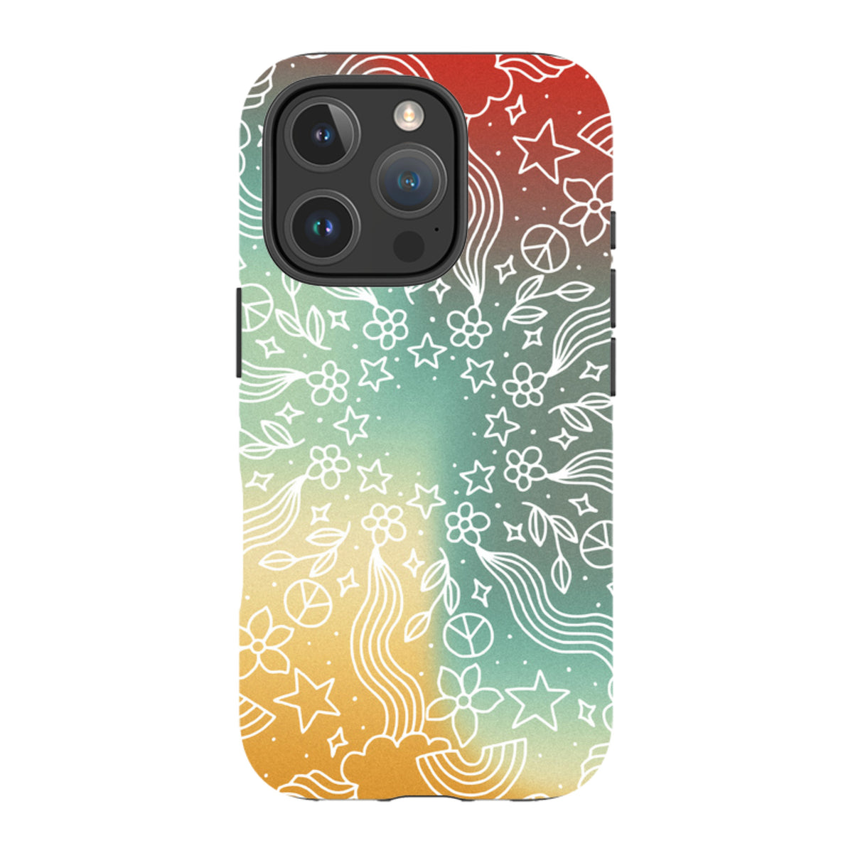 iPhone tough case with a colorful gradient background and white mandala-style line art of flowers, stars, and peace signs.
