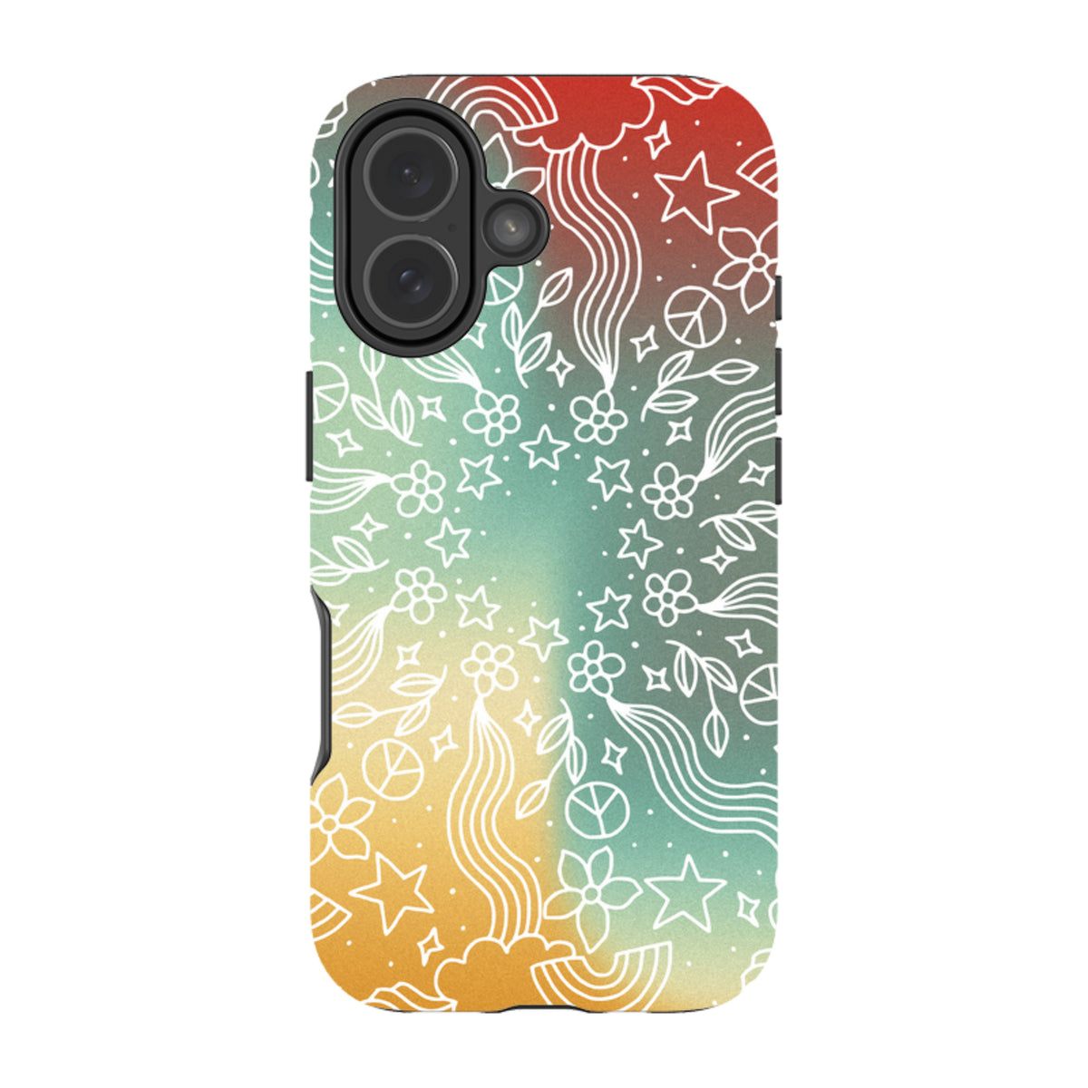 iPhone tough case with a colorful gradient background and white line art mandala featuring flowers, stars, and peace signs.