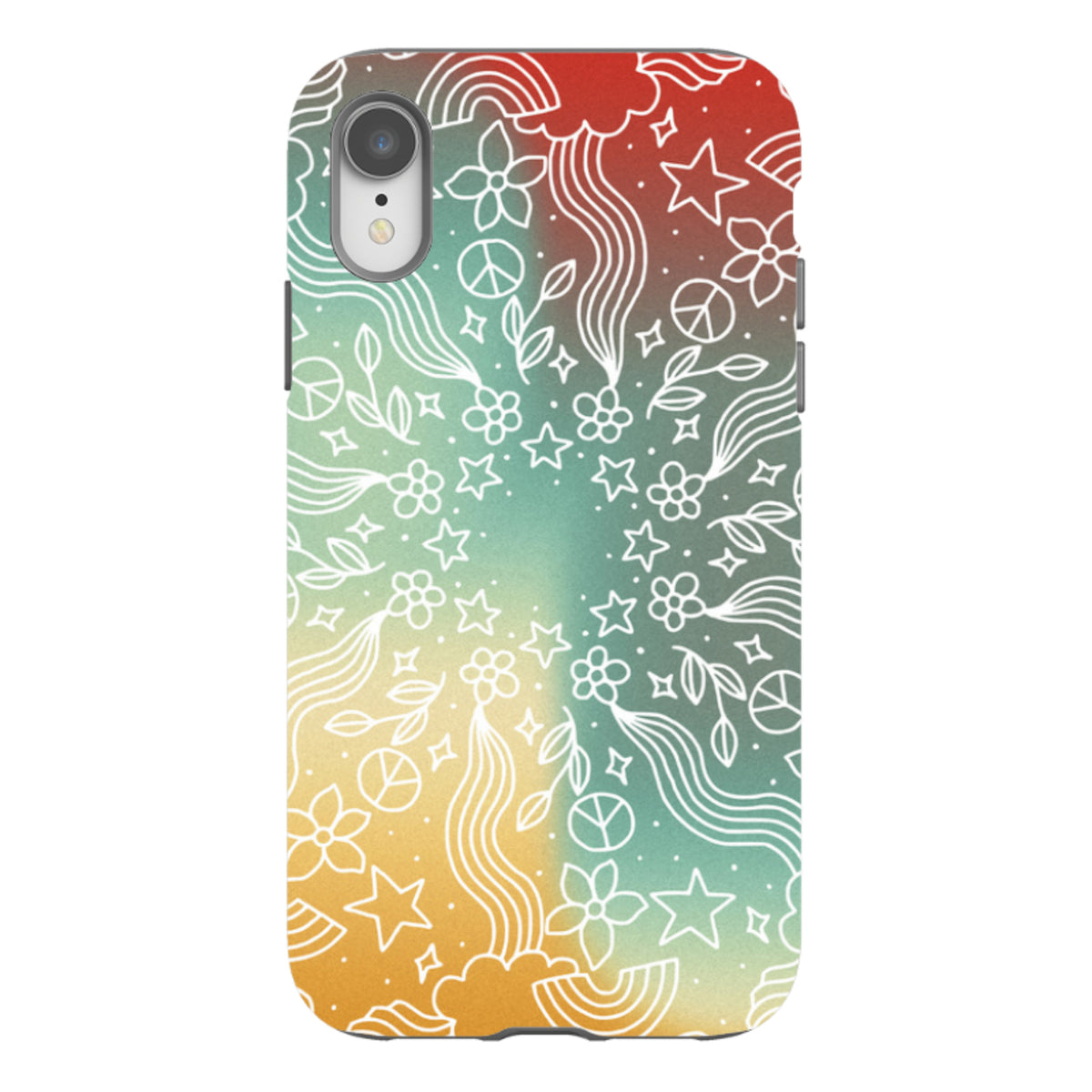 iPhone tough case with a colorful gradient background and white mandala-style line art of flowers, stars, and peace signs.