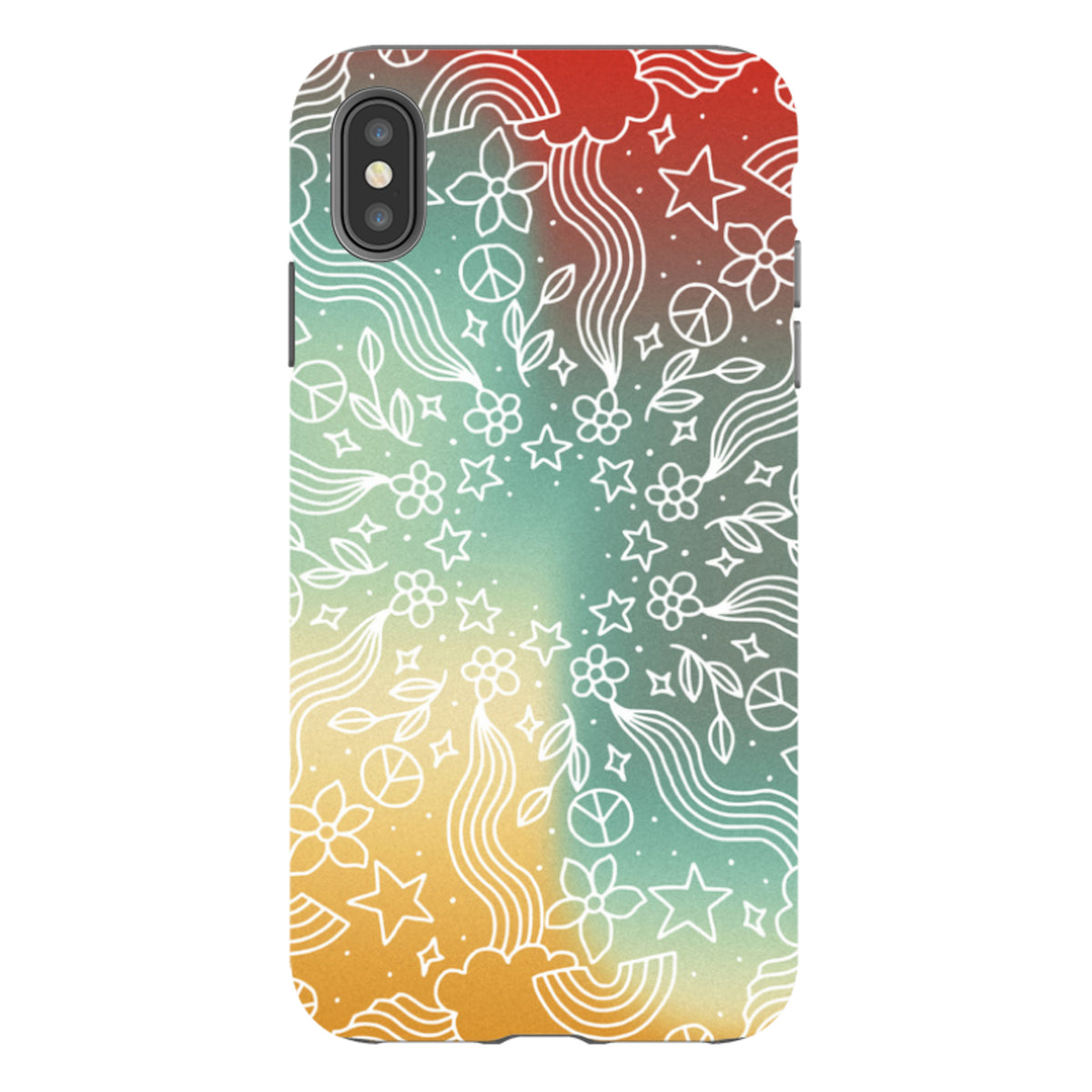 iPhone tough case with a colorful gradient background and white line art mandala featuring stars, flowers, and peace signs.