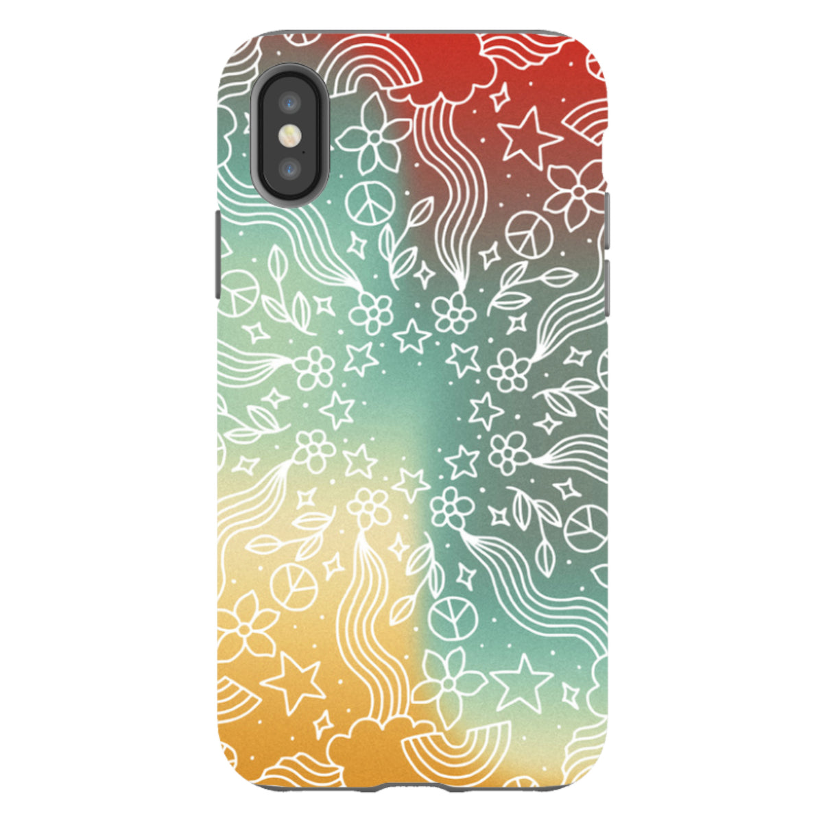 iPhone tough case with a colorful gradient background featuring white line art of mandalas, stars, and peace signs.
