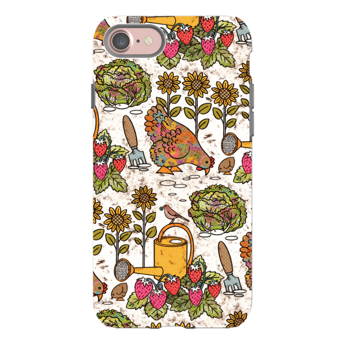 iPhone tough case featuring Amelia Bowman’s colorful garden illustration with sunflowers, strawberries, and a patterned hen.