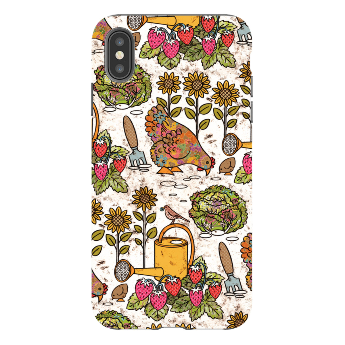 iPhone tough case featuring Amelia Bowman's garden art with colorful strawberries, sunflowers, and chickens.
