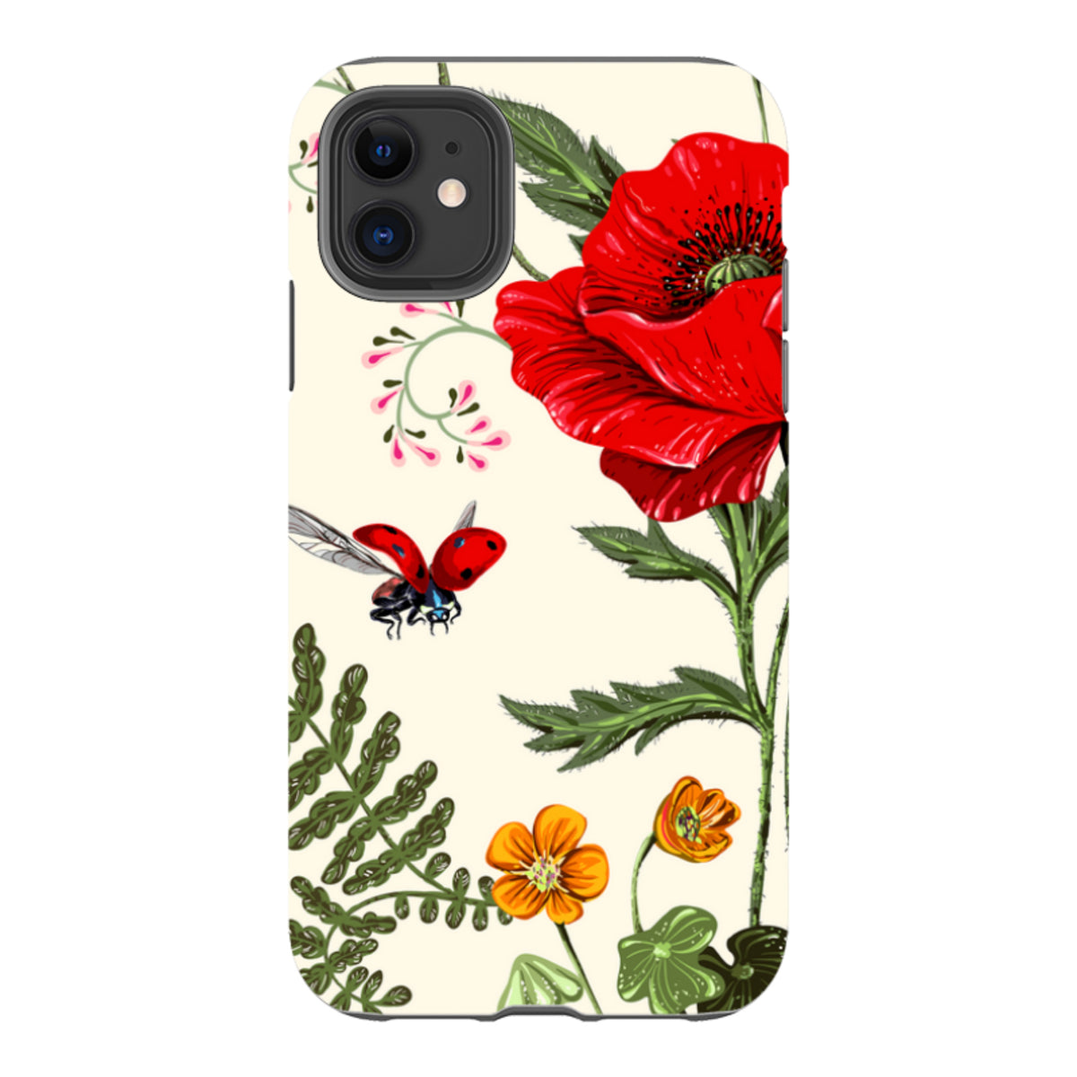 iPhone tough case featuring a cream background with red poppies, small orange flowers, green foliage, and a ladybug.