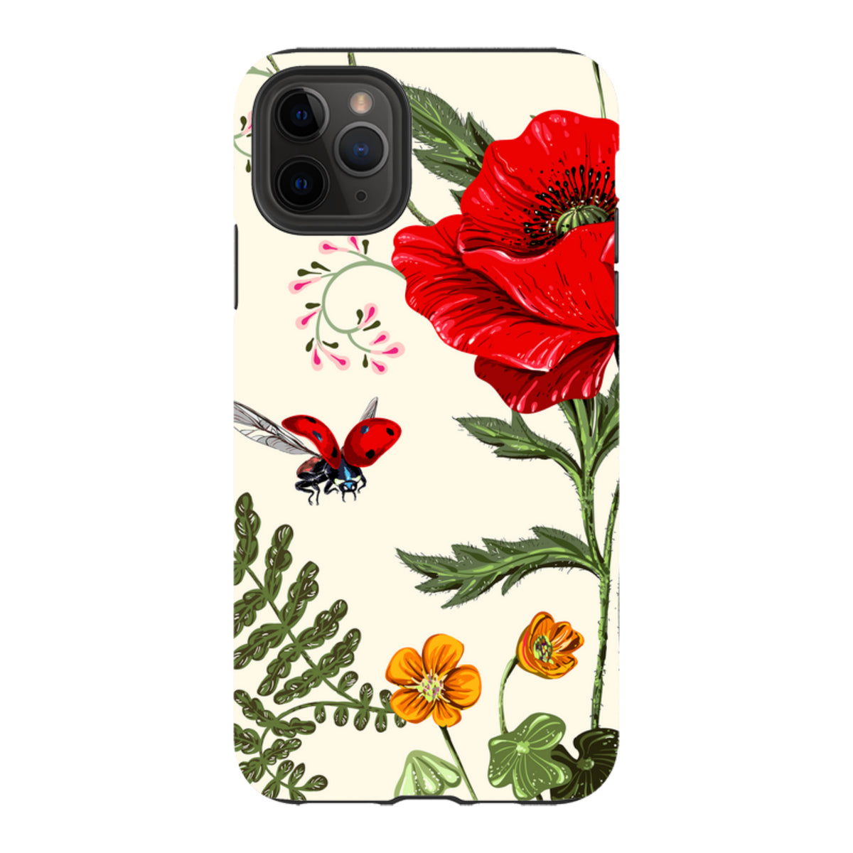 iPhone tough case with Garden Delight floral print featuring a red poppy, small orange flowers, and a ladybug.