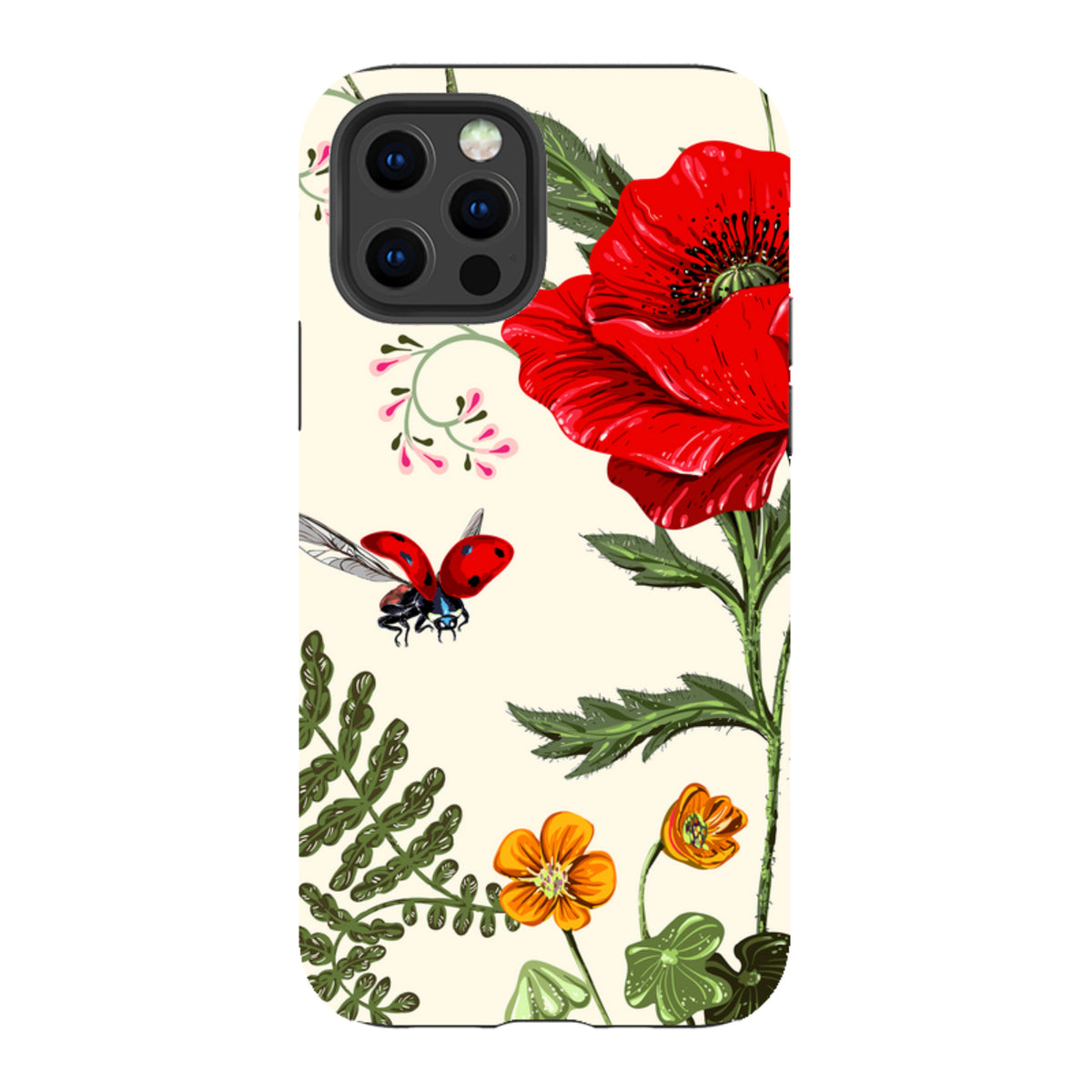iPhone tough case with a cream background, vibrant red poppy, small orange flowers, and a ladybug illustration.