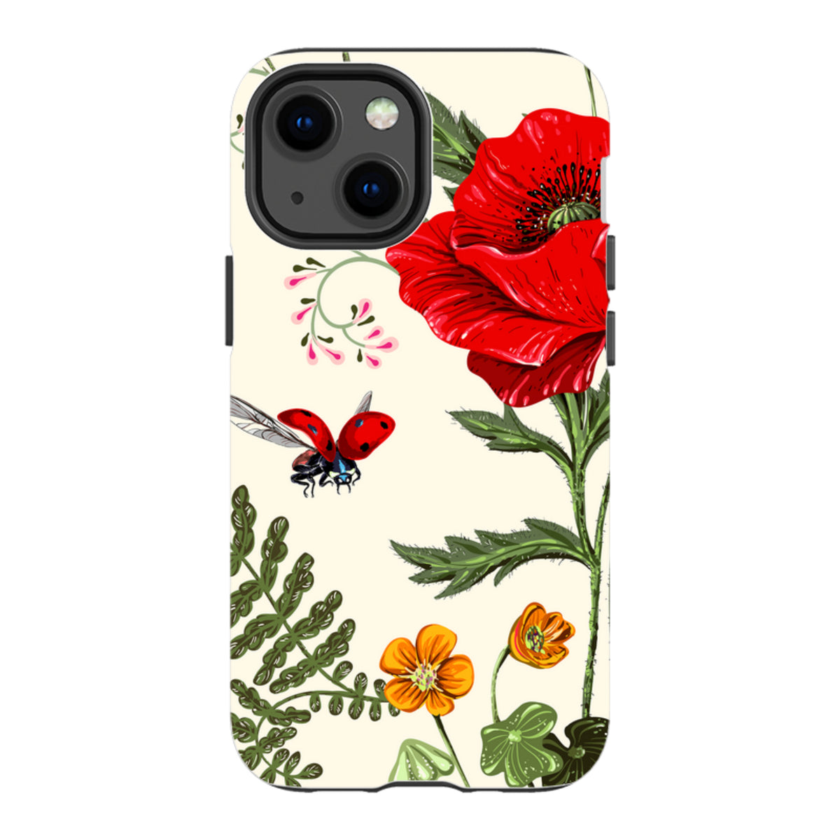 iPhone tough case with Garden Delight floral print, red poppies, ladybug, and green foliage on a cream background.