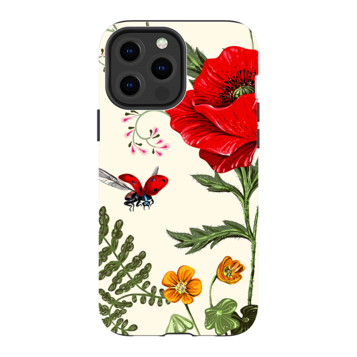 iPhone Tough Case featuring a cream background with vibrant red poppies, orange flowers, and a flying ladybug.