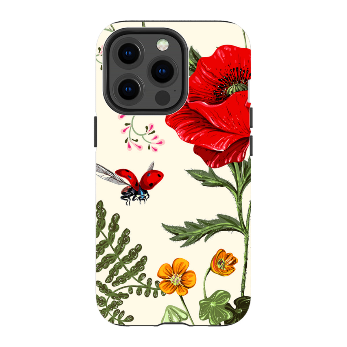 iPhone tough case with Garden Delight floral print featuring a red poppy, orange flowers, and a ladybug on cream.