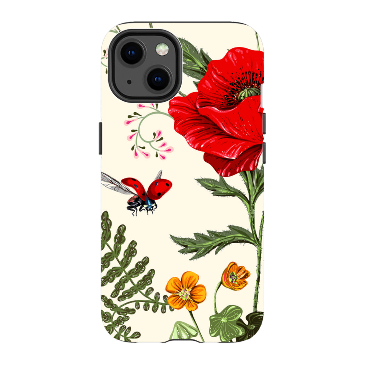 iPhone tough case with a cream background featuring red poppies, orange flowers, and a ladybug in a botanical art style.