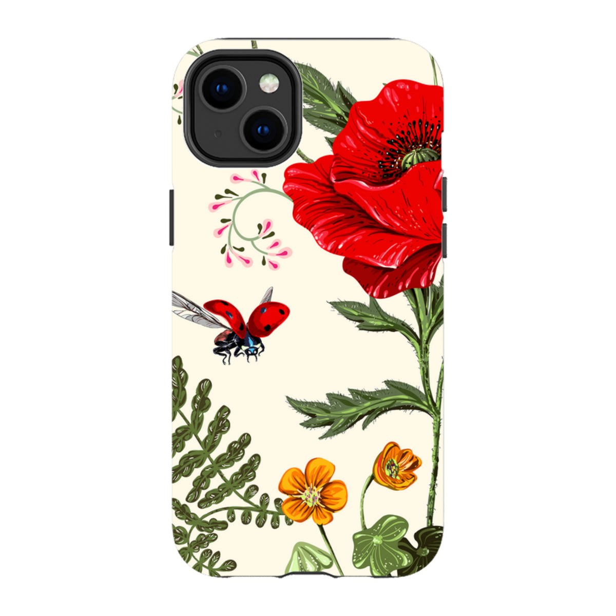 iPhone tough case featuring a red poppy, small orange flowers, and a ladybug on a cream background.