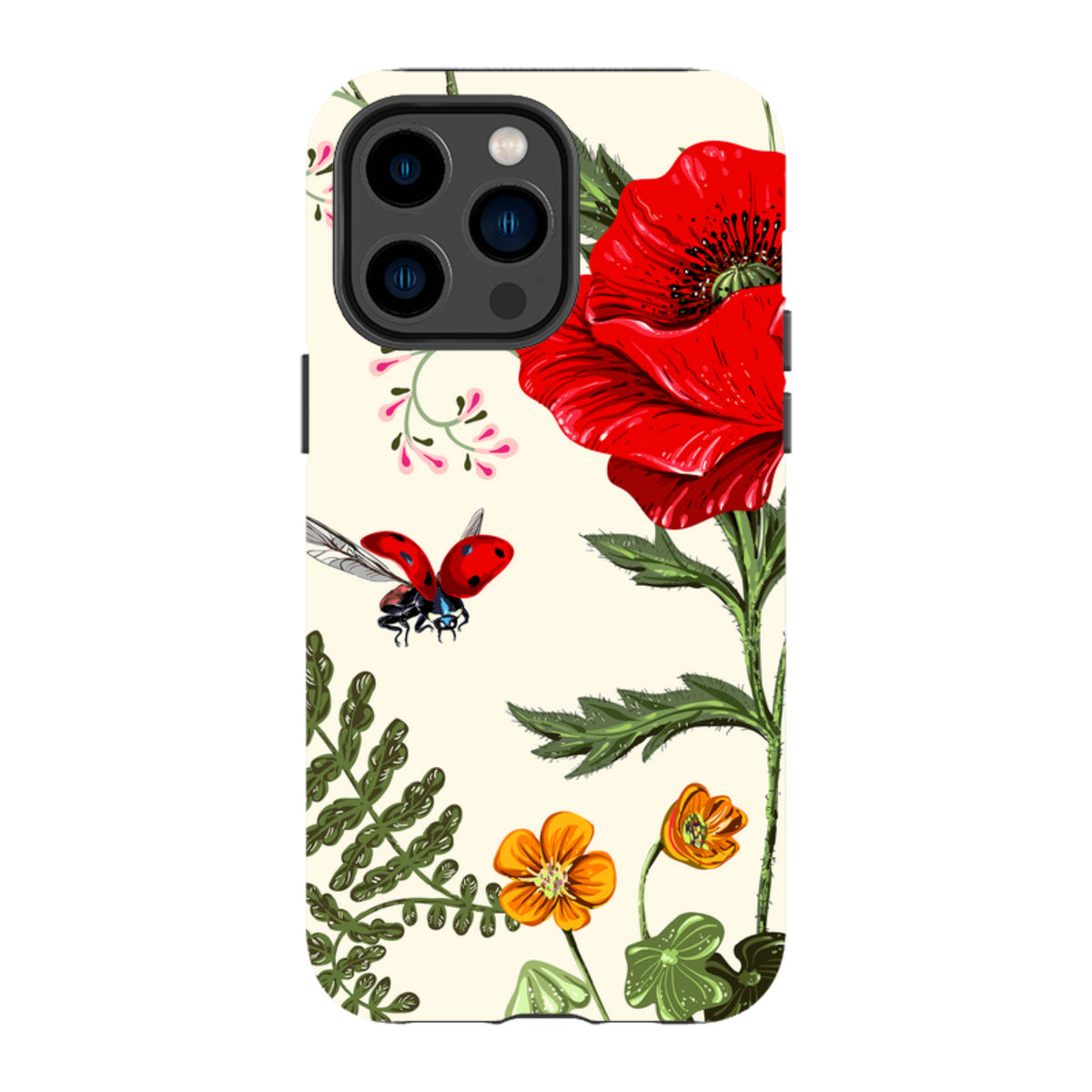 iPhone tough case with Garden Delight floral art, featuring a red poppy, ladybug, and orange flowers on cream background.
