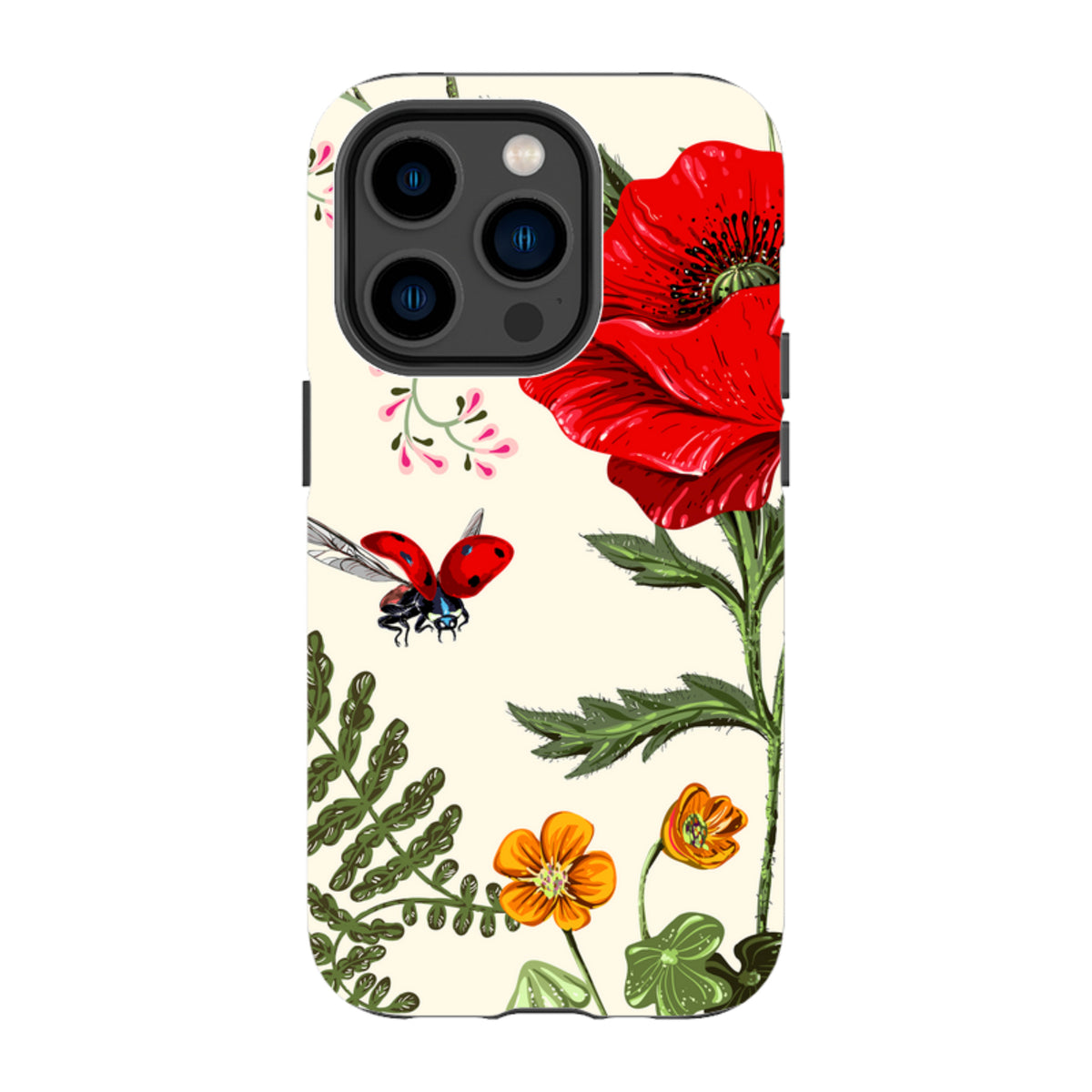 iPhone Tough Case with Garden Delight floral print featuring a red poppy, ladybug, and orange flowers on cream.
