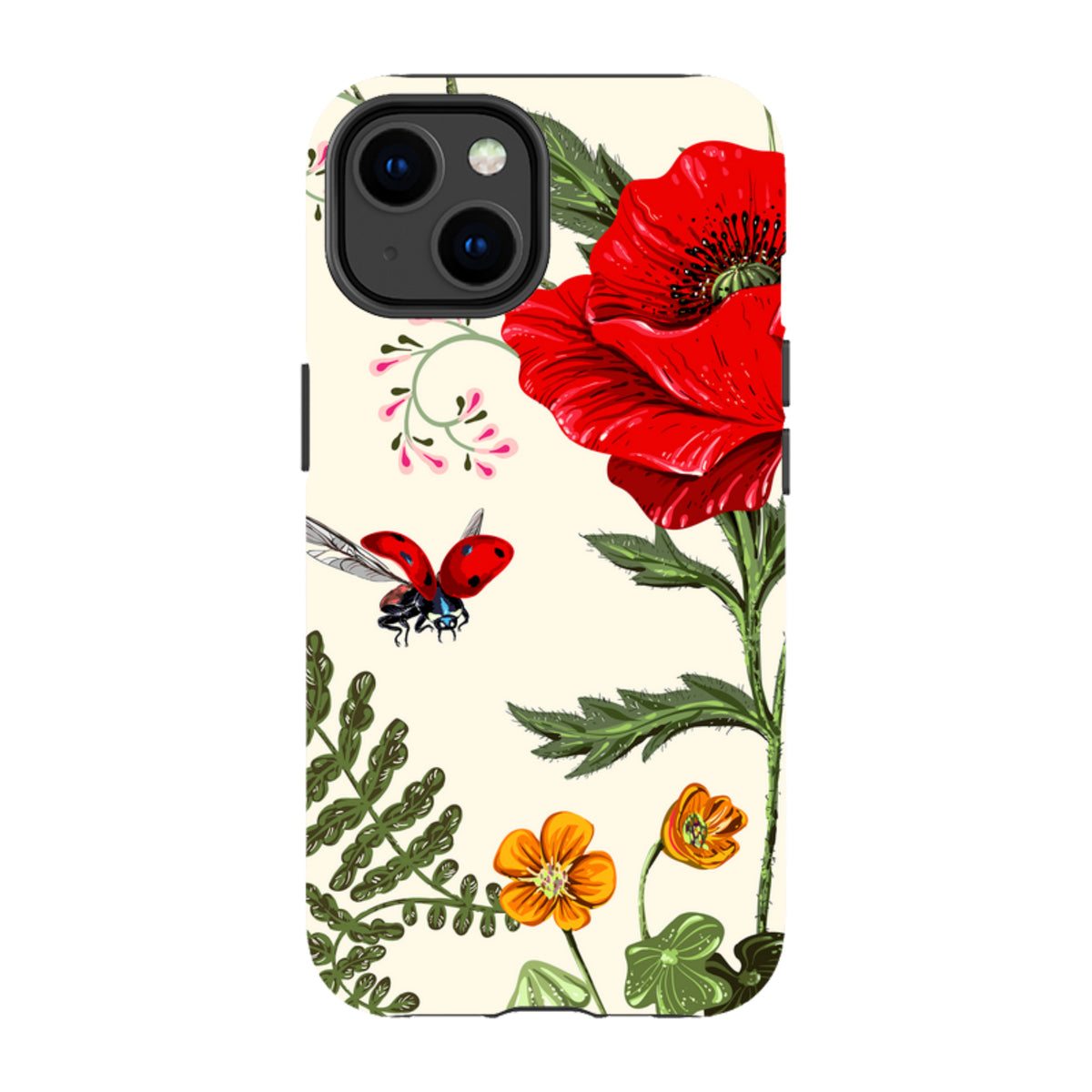 iPhone tough case featuring a vibrant red poppy, small orange flowers, and a ladybug on a cream background.