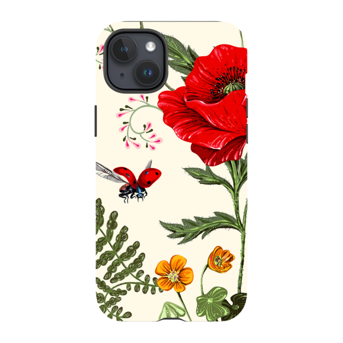 iPhone Tough Case featuring a cream background with vibrant red poppies, orange wildflowers, and a flying ladybug.