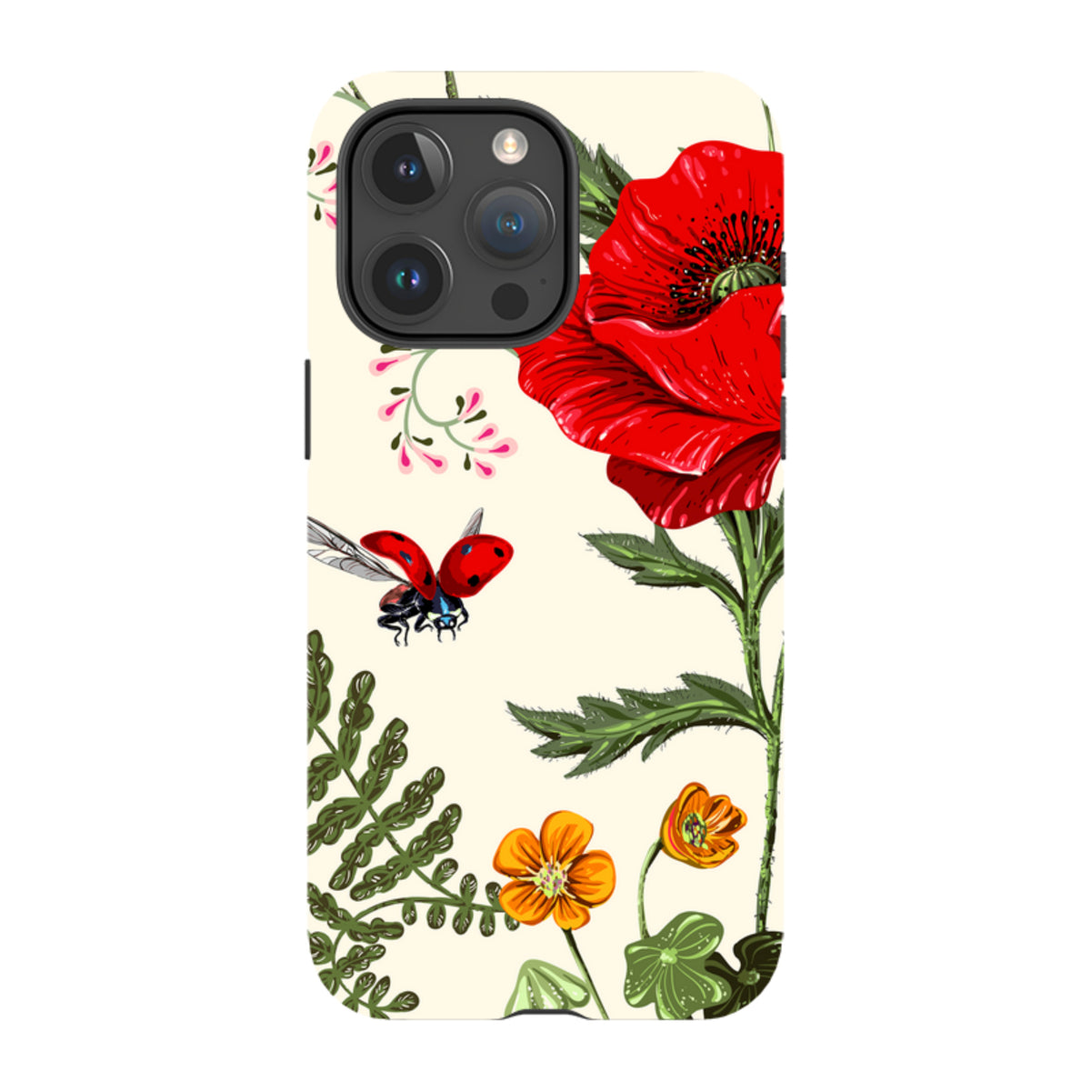 iPhone tough case featuring a red poppy, small orange flowers, and a ladybug on a cream background.