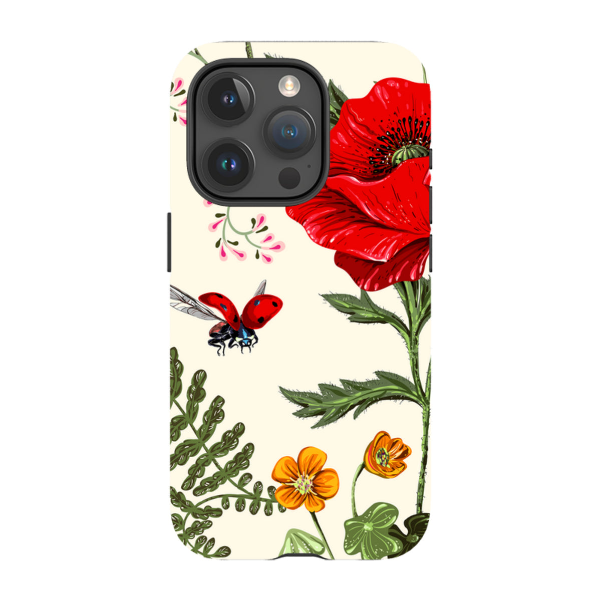 iPhone tough case with a cream background featuring red poppies, small orange flowers, and a ladybug illustration.