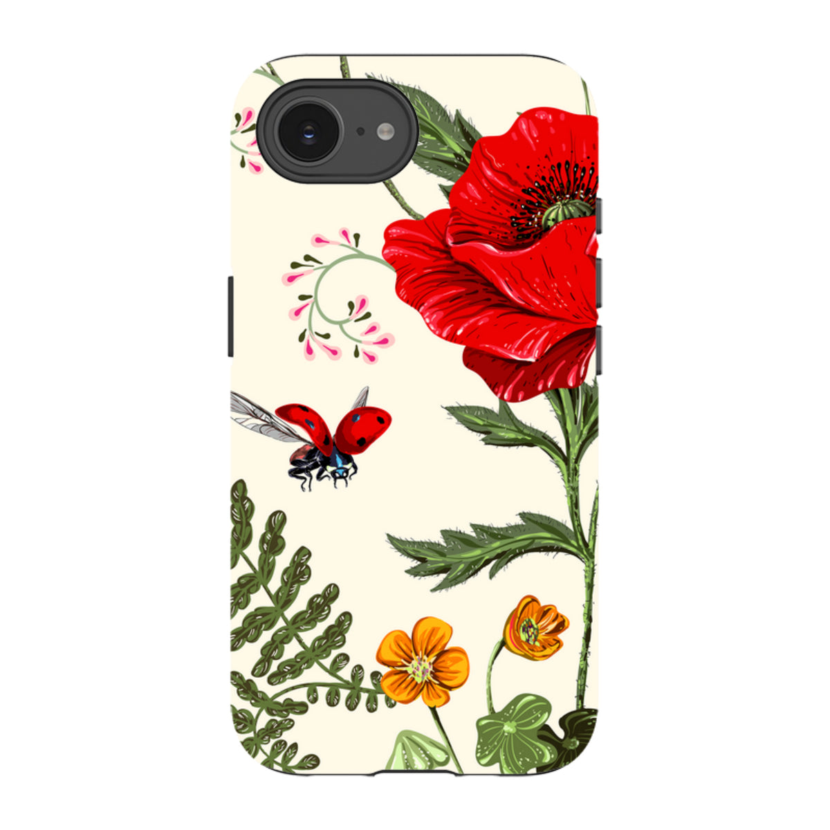 iPhone Tough Case featuring a cream background with red poppies, orange flowers, and a ladybug illustration.