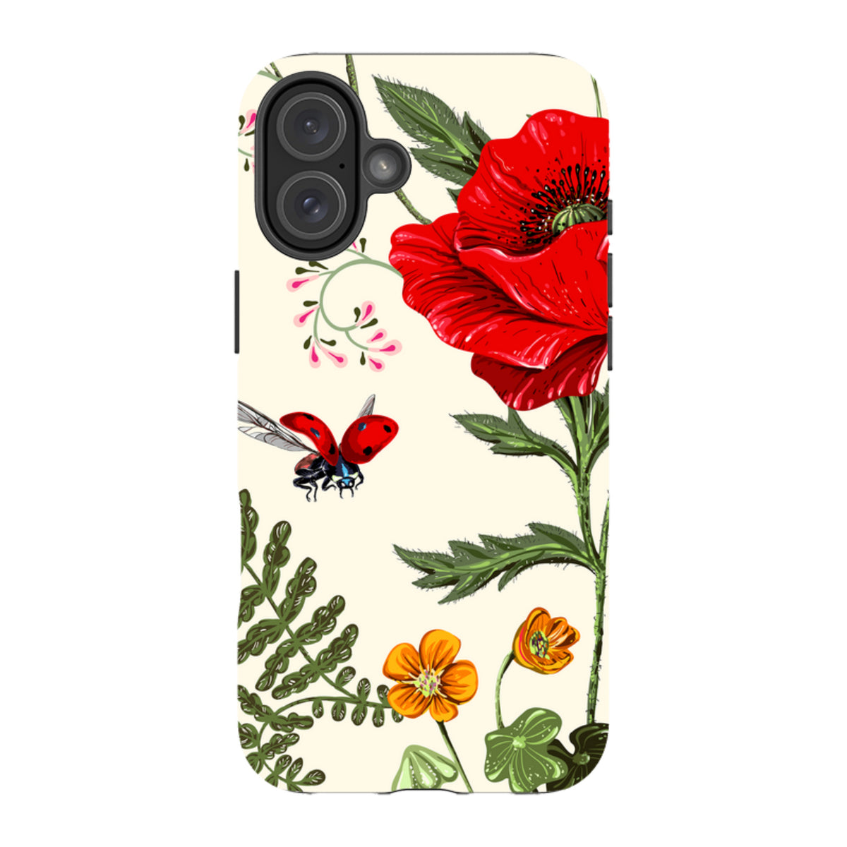 iPhone tough case with a cream background, red poppy flowers, green foliage, and a ladybug illustration.
