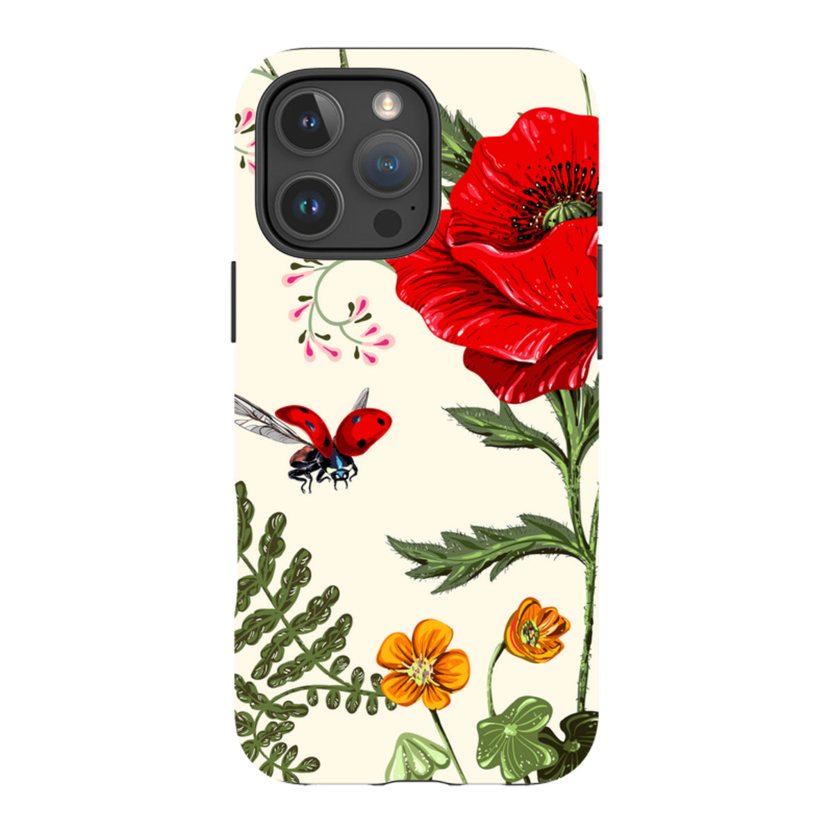 iPhone tough case featuring a red poppy, small orange flowers, and a ladybug on a cream background.